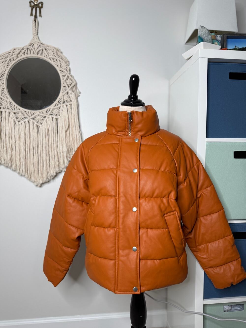 NA-KD Cognac Brown Orange Faux Leather PU Padded Jacket Bomber Puffer Coat 36/S